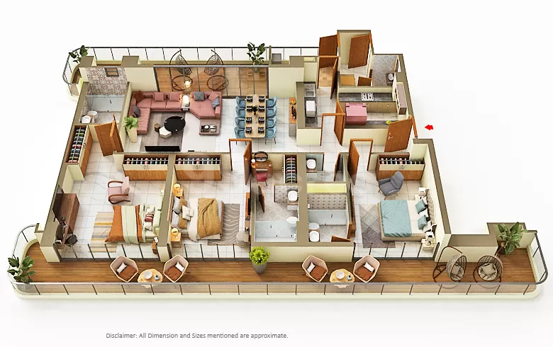 3 BHK floor plan of Smartworld Elie Saab Residences showcasing luxury layout and balconies