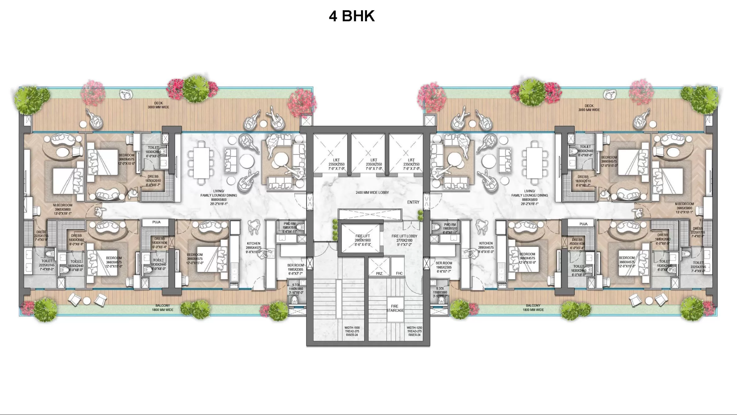 Freehold 4 BHK apartment floor plan showing spacious layout and intelligent interior planning