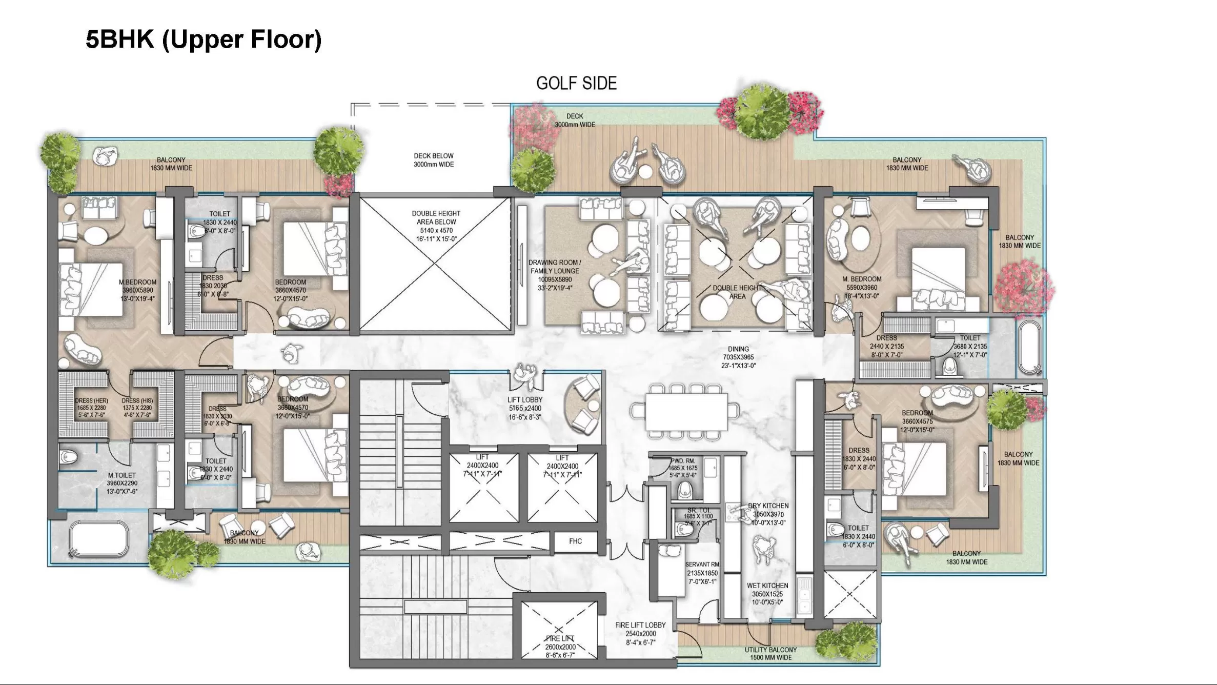 Alternate 5 BHK luxury floor plan with floor to ceiling glazing and spacious interiors