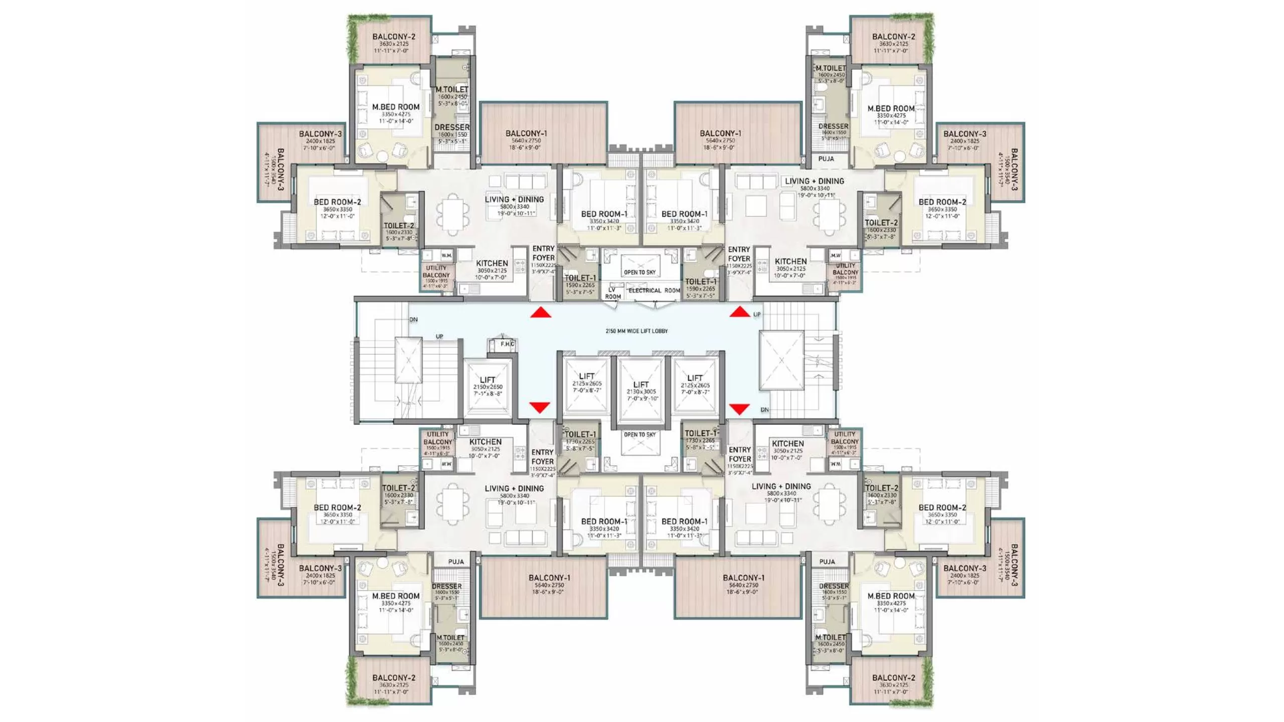 3 BHK floor plan of North Wind Sanctuary showing 1895 sq ft luxury apartment layout in Sector Pi Greater Noida