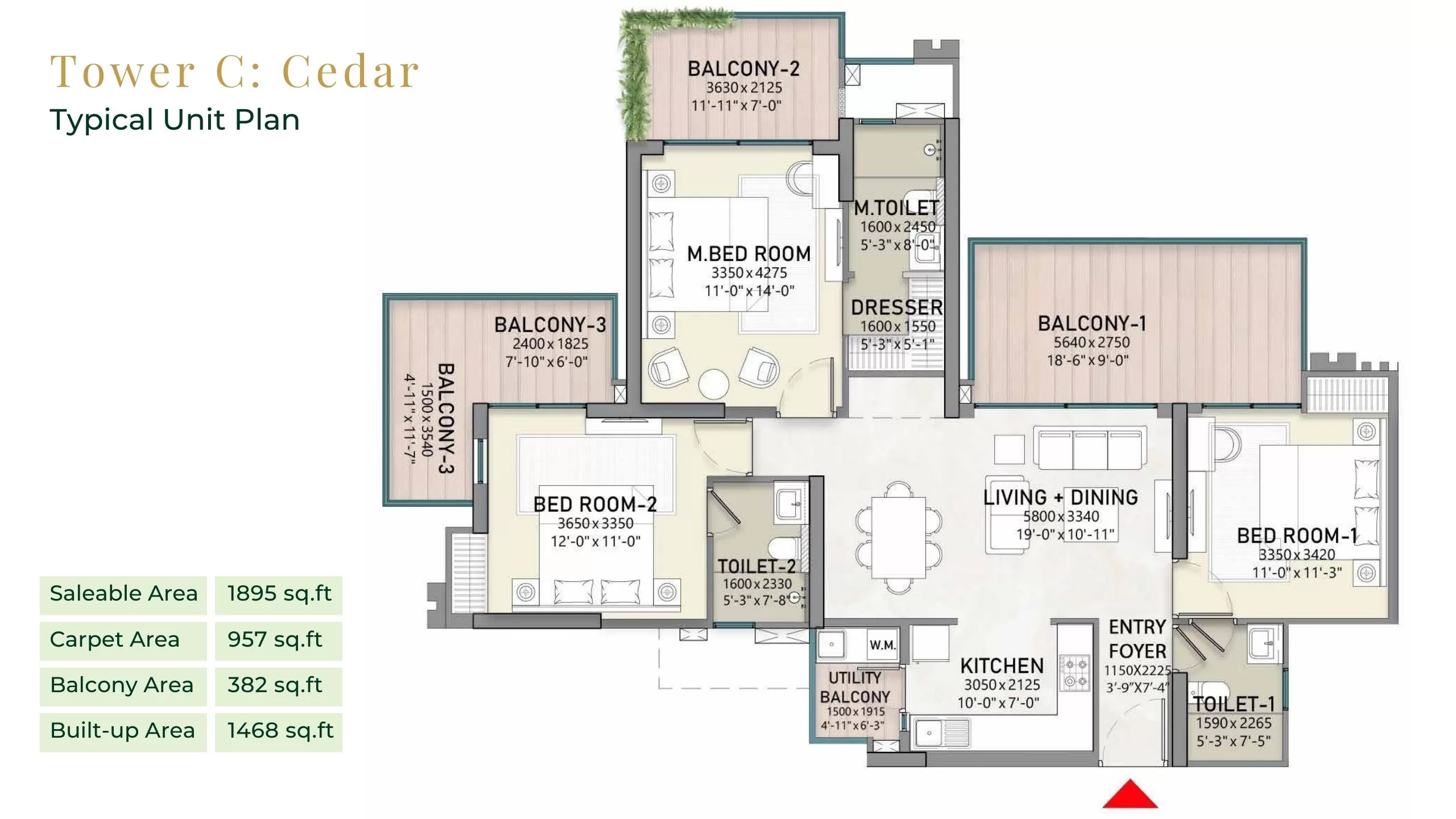 3 BHK single unit floor plan layout of North Wind Sanctuary showing 1895 sq ft luxury apartment design