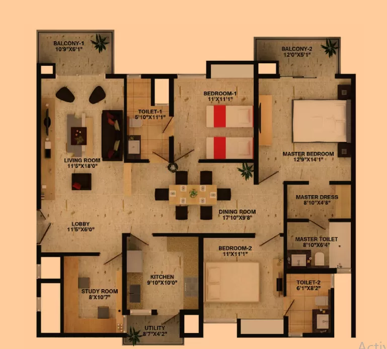 3 BHK 2287 sq ft floor plan Wave Amore Sector 32 Noida