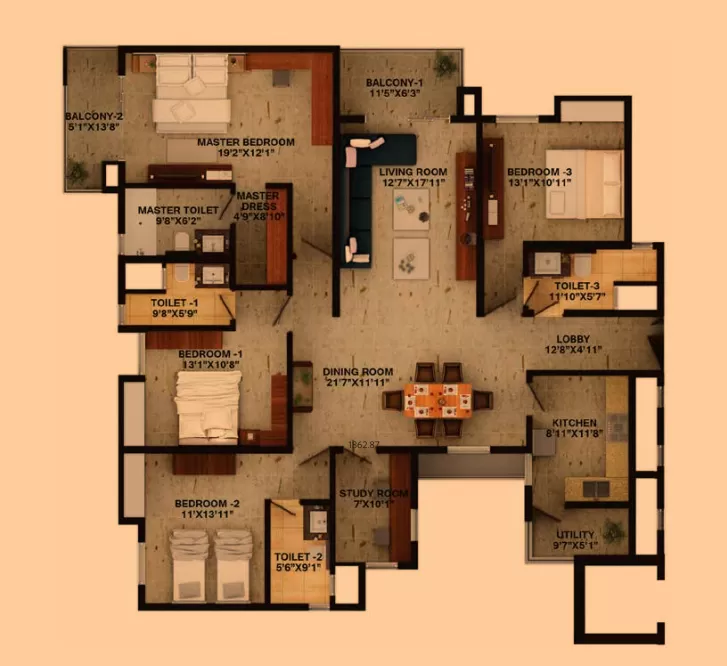 4 BHK 3066 to 3117 sq ft floor plan Wave Amore Sector 32 Noida