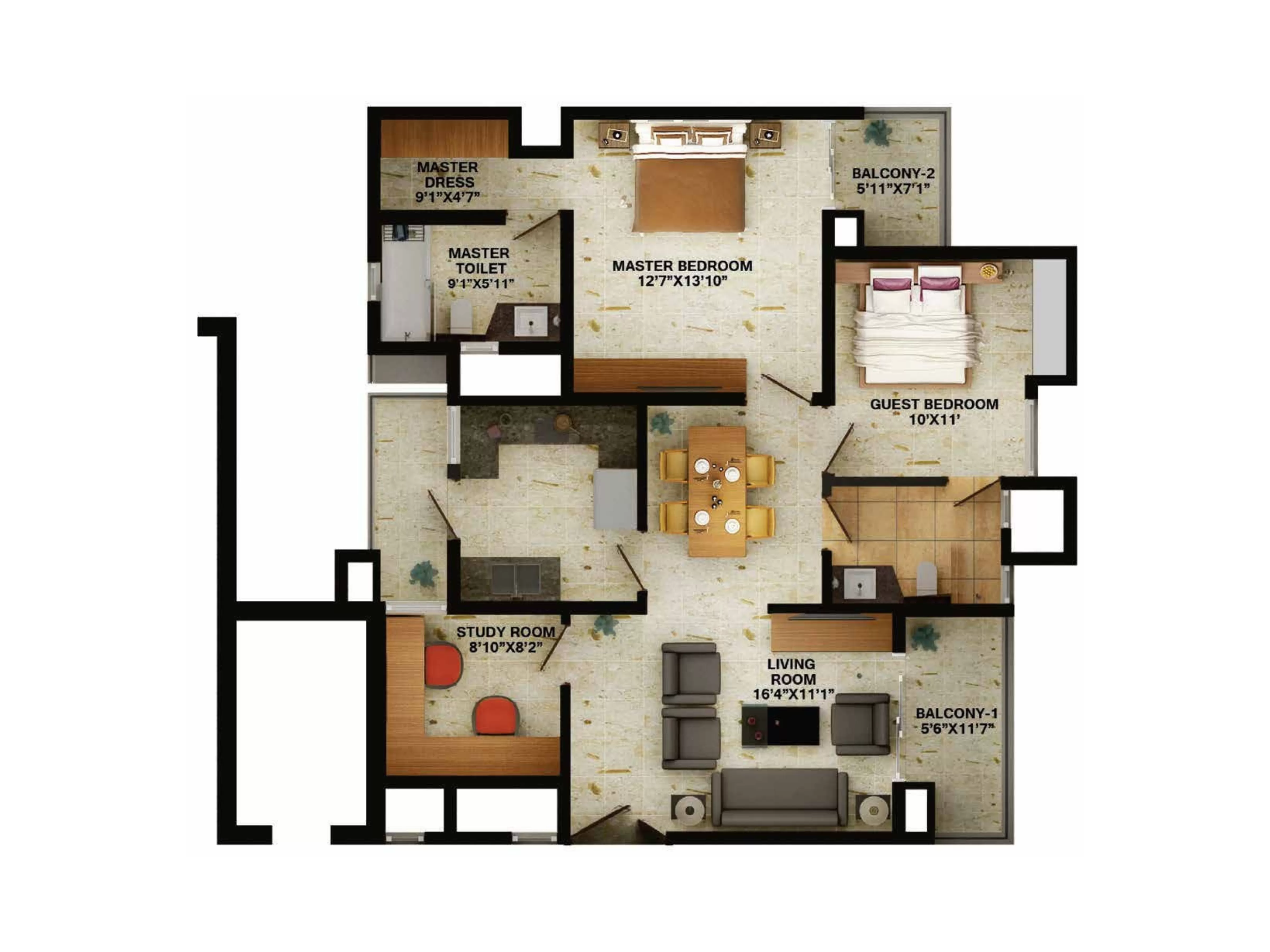 2 BHK 1609 sq ft floor plan Wave Amore Sector 32 Noida