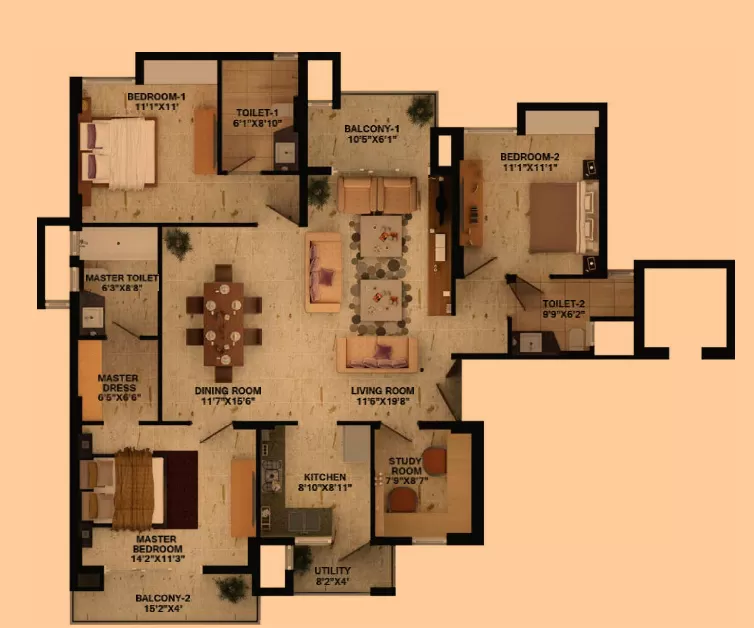 3 BHK 2135 sq ft floor plan Wave Amore Sector 32 Noida