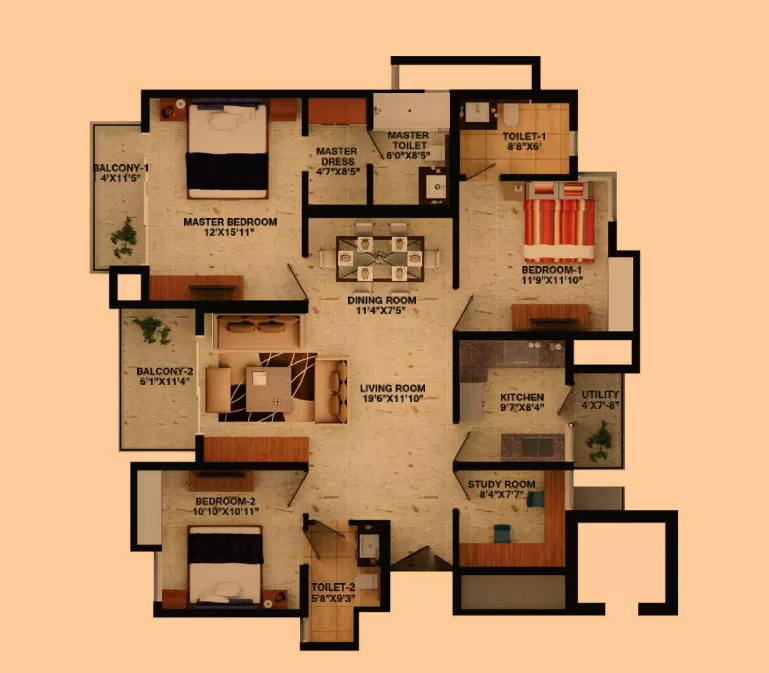 3 BHK 2160 sq ft floor plan Wave Amore Sector 32 Noida