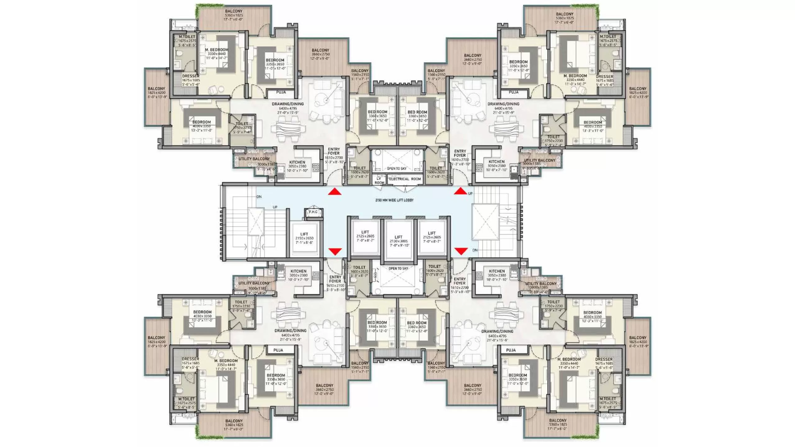 4 BHK floor plan showing four apartments per floor at North Wind Sanctuary Sector Pi Greater Noida