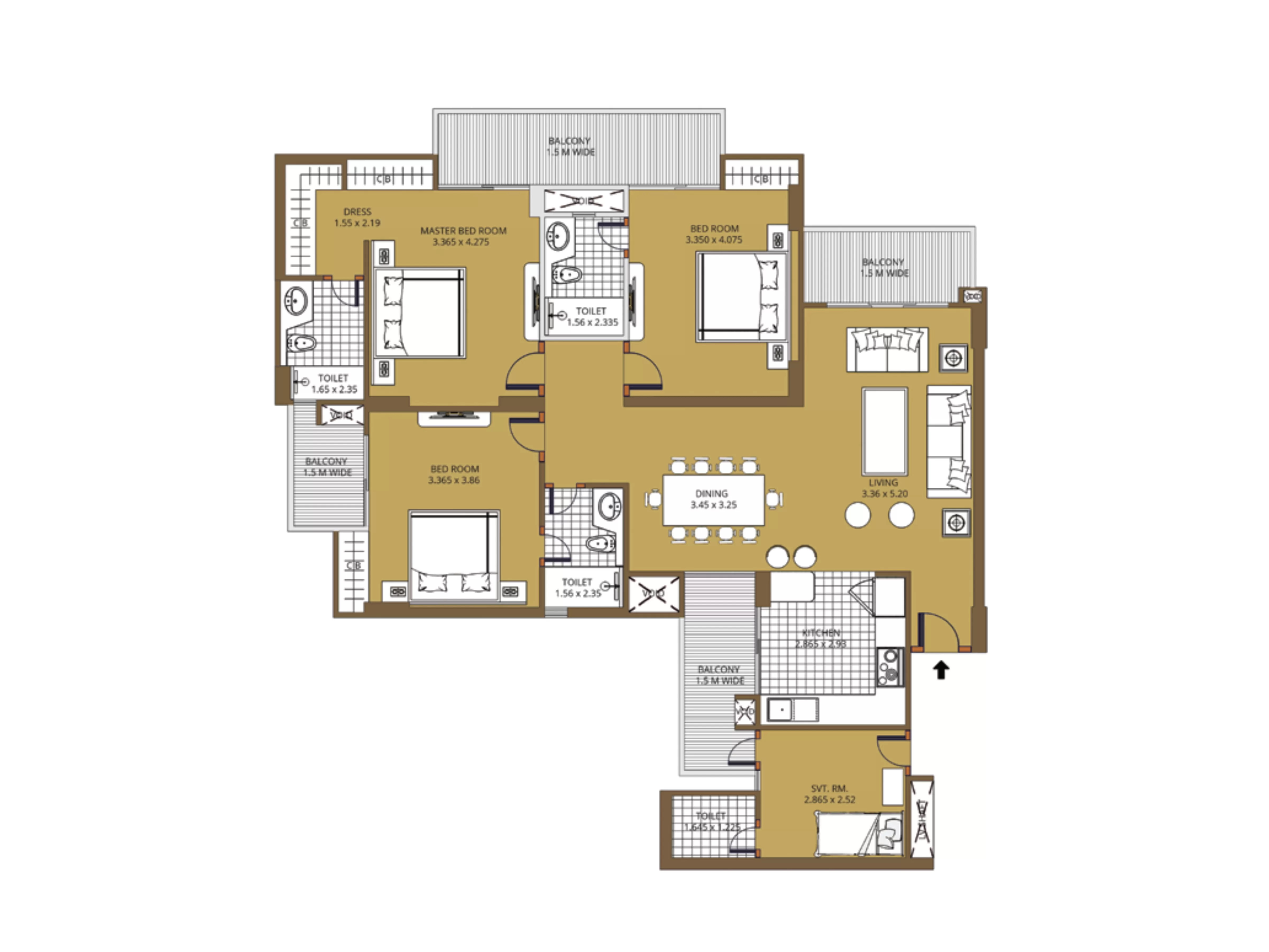 3 BHK plus servant apartment floor plan 2045 sq ft Purvanchal Sunbliss Yamuna Expressway Greater Noida